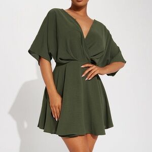 Olive Green Wrap Front Skater Dress